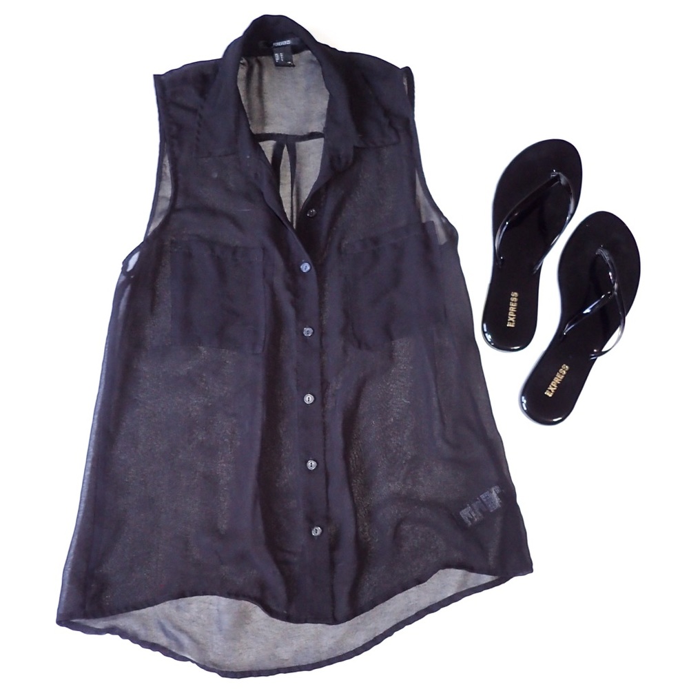 Sheer Black Sleeveless Button Up Size S